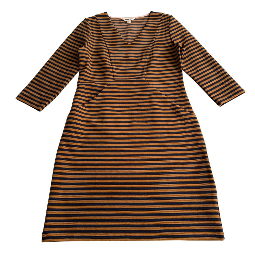 Boden Bronte Ottoman Cotton Blend Navy Ochre Striped Tailored Pocket Dress‎ 8R